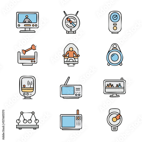 Vibrant doodle vector icons for technology, communication, and scientific instruments. Set includes a video call monitor, vintage radio, stopwatch, radar, and Newton's cradle