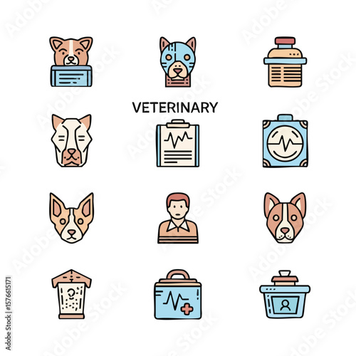 Veterinary icon set in a colorful, flat design. Includes icons of dogs, a vet, medical equipment, and a clinic sign. Ideal for medical infographics, pet care websites, and veterinary clinic materials