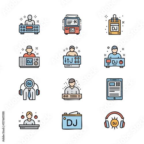 Vibrant flat design icons for DJs, music, and audio equipment. This modern vector set features disc jockeys, mixing consoles, turntables, and headphones