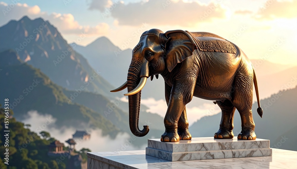 Fototapeta premium Monumental Elephant Statue in Mountainous Landscape, Bronze Elephant on Marble Platform Overlooking Tranquil Mountains