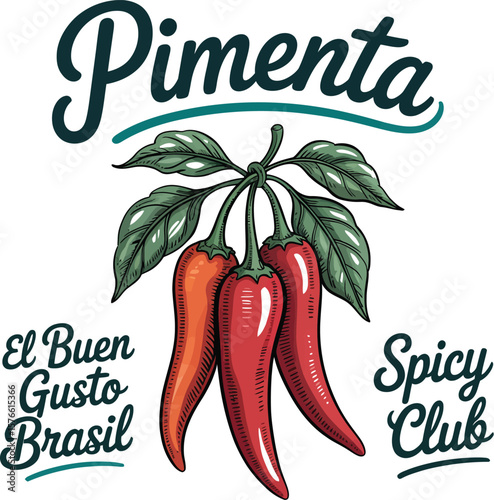 Illustration of three chili peppers hanging with leaves and the words pimenta around it