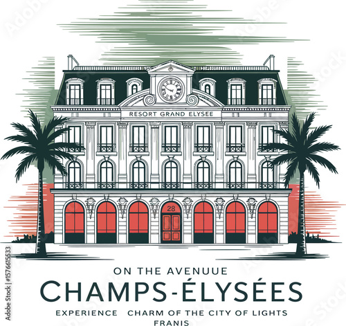 Illustration of resort grand elysee building on champs élysées with palm trees and clock
