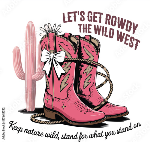 A pair of pink cowboy boots with a white bow and a cactus on a white background