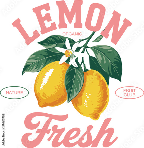 Illustration of two lemons with leaves and a flower with pink lemon and fresh text