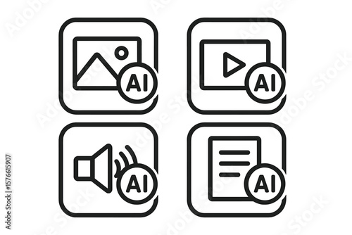 AI media generator icon set. Buttons for creating image, video, audio, text with artificial intelligence. UI UX line icons for app, website and user interface design concept.