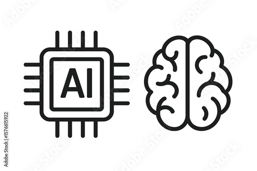 AI vs human brain icon. Artificial intelligence concept. Technology versus biology. Future evolution. Mind machine interface. Processor chip and neurology symbol. Neural network.