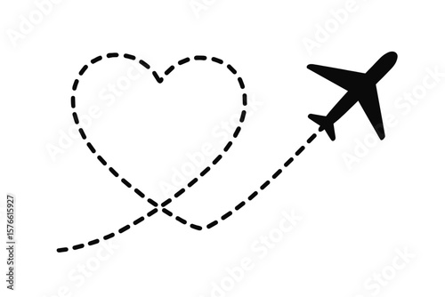 Airplane Heart Trail Vector. Romantic Flight Path. Love Travel Concept. Dotted Line Route. Honeymoon Journey. Holiday Adventure. Aviation Symbol. Transparent Isolated Illustration.