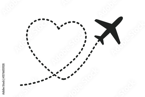 Airplane with Heart Shaped Flight Path, Dotted Line Route, Romantic Travel, Honeymoon Journey, Love Holiday, Aviation Symbol, Transparent Vector Illustration