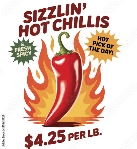 A promotional poster featuring a red chili pepper with flames and text elements around it