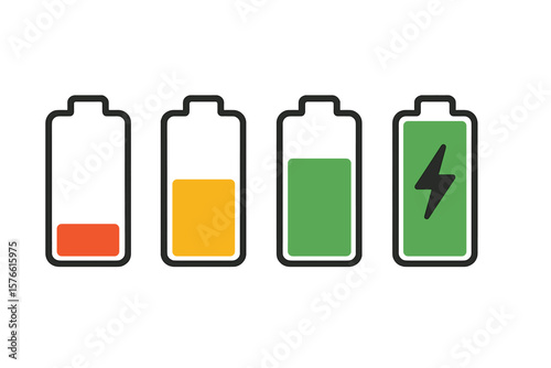 Battery charge level indicator icon set. Smartphone power status bar collection. Low, medium, full and charging energy symbols for mobile app, web design and user interface.