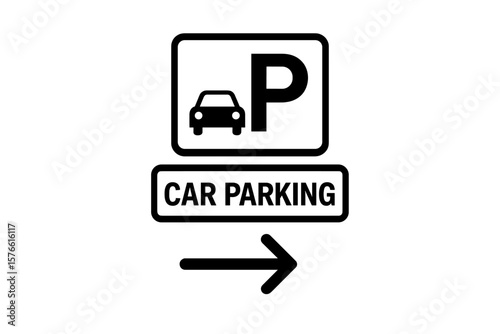 Car parking sign with right direction arrow. Vector illustration icon symbol for transportation and traffic guidance. Printable public parking area zone notice. Isolated.