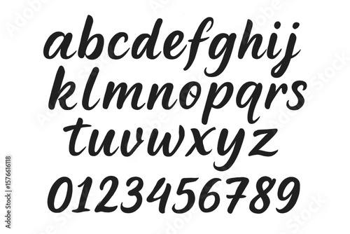 Modern Brush Calligraphy Alphabet and Numbers Set. Handwritten Script Font. Artistic Black Ink Letters and Numerals. Vector Illustration. Isolated Transparent Background.