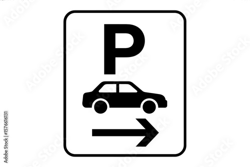 Car parking sign with right direction arrow. Printable vector symbol for traffic information. Road notice icon with automobile silhouette. Isolated on transparent background.
