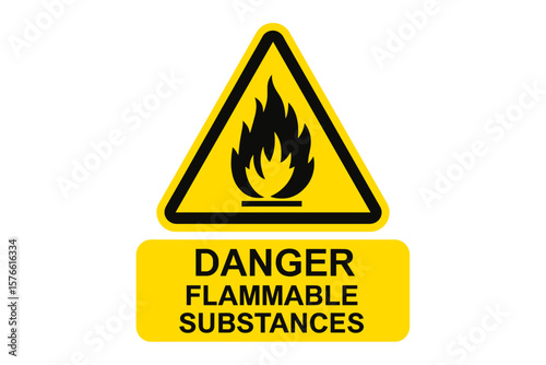Danger flammable substances warning sign. Fire hazard symbol in a yellow triangle. Safety first concept. Flammable materials icon for industry and laboratory. Vector illustration.