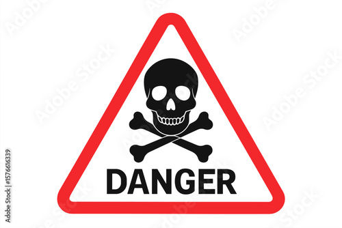 Danger warning sign. Skull and crossbones in red triangle. Toxic poison symbol. Hazard alert icon. Industrial safety pictogram. Death, lethal chemical substance vector illustration.
