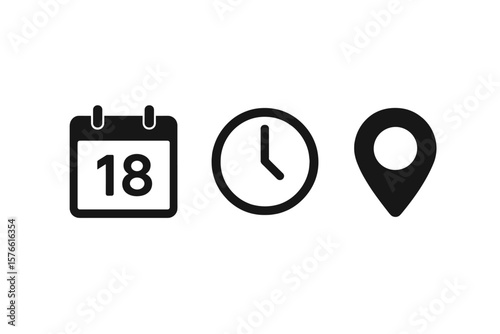 Calendar Date, Clock Time, Location Pin Icon Set. Event, Meeting, Wedding, Schedule, Appointment, Invitation, RSVP, Planner, Reminder, Transparent Vector Graphic