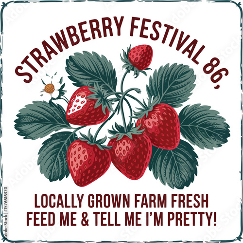 Strawberry festival poster with berries leaves and flower in vintage style design