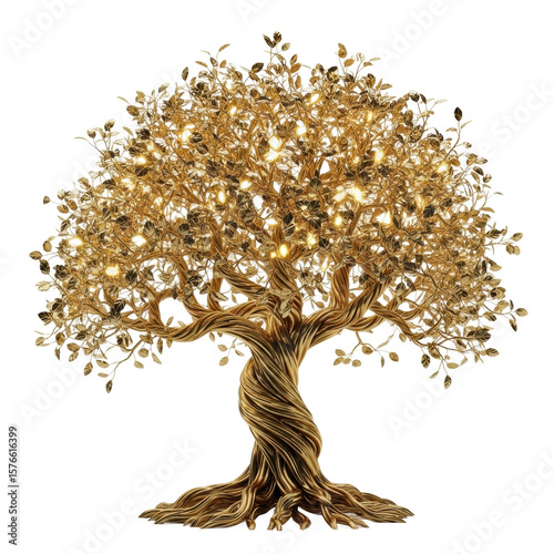 A golden tree with a twisting trunk and glowing leaves. It symbolizes prosperity, growth, and the beauty of nature.
