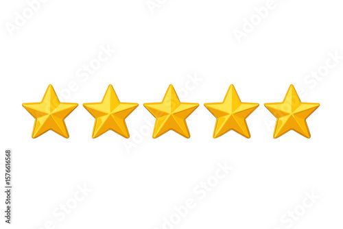 Five Gold Stars Rating Icon. Premium Quality Symbol. 5 Shiny Golden Stars for Product Review, Customer Feedback, Best Service, Excellence, Ranking, Transparent Background Vector Illustration