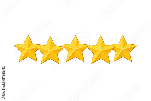 Five Gold Stars Rating Icon. Premium Quality Symbol. 5 Shiny Golden Stars for Product Review, Customer Feedback, Best Service, Excellence, Ranking, Award, Transparent Vector Illustration