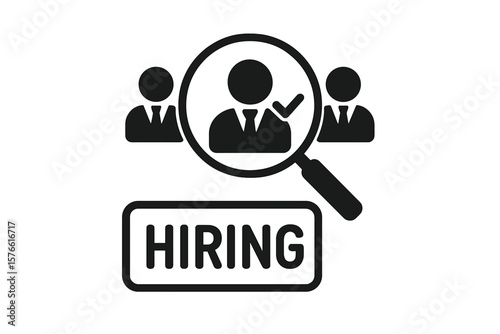 Hiring icon. Recruitment symbol. Finding a perfect candidate for the job. HR. Human resources. Magnifying glass on employee. We are hiring sign. Talent acquisition. Job vacancy.