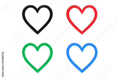 Hand Drawn Heart Icon Set. Black, Red, Green, Blue Love Symbols. Brush Stroke Outline Hearts. Romantic Vector Illustration. Isolated Transparent Background. Modern Minimalist Design