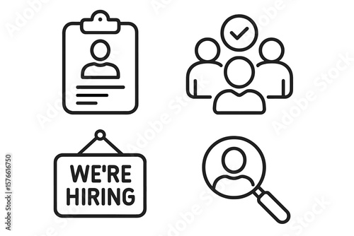 Hiring icon set. Recruitment symbol collection. Find a perfect candidate for a job vacancy. Human resources management. Staff search. We are hiring sign. Career opportunity.