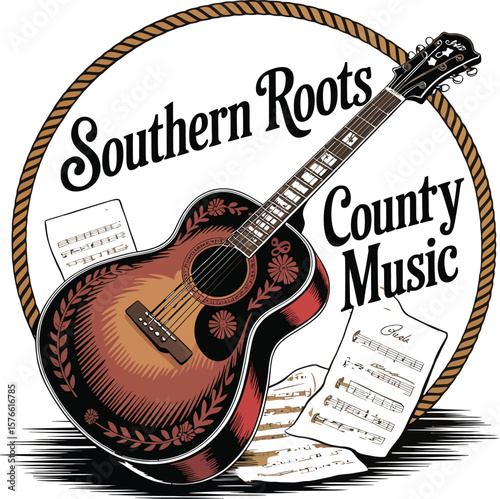 Illustration of an acoustic guitar with sheet music and southern roots county music text