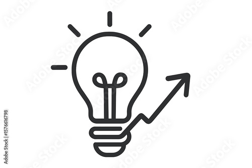 Innovative business idea icon with growth arrow. Creative light bulb symbol. Concept of startup, financial success, solution, strategy, development, marketing, and investment.