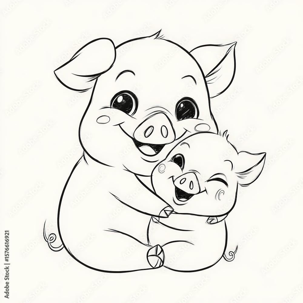 Obraz premium Cute Cartoon Pigs Embracing with Cheerful Expressions and Smiles