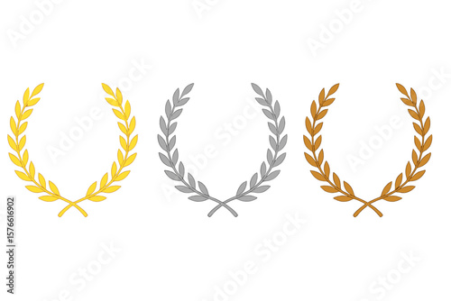 Gold Silver Bronze Laurel Wreath Set. Award Achievement Trophy Prize Winner Badge. Victory Symbol. Champion Medal Emblem. Transparent Vector. Sports Competition Honor Design Element