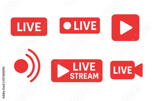 Live streaming red icon set. Live broadcasting button and online stream symbol. Play video logo for social media. Vector illustration element collection for online broadcasting.
