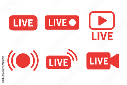 Live streaming red icon set. Broadcasting buttons and symbols. Online stream video logo. Play sign for broadcast. Record element for media. Air internet tv vector symbol.