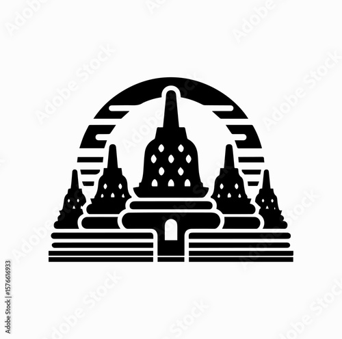 Minimalist Black Vector Logo of Borobudur Temple with Rising Sun Isolated on White Background