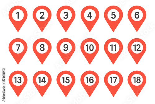 Map marker pin icon set with numbers. Location pointer symbol for GPS navigation. Destination point label collection from 1 to 18. Vector infographic element for route order.