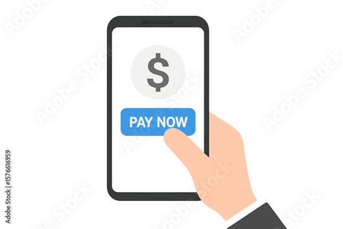 Online payment concept. Hand holding smartphone, finger pressing pay now button. Mobile banking technology for digital transaction. E-commerce, online shopping, fintech concept.