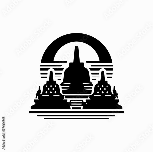 Minimalist Black Vector Logo of Borobudur Temple with Rising Sun Isolated on White Background