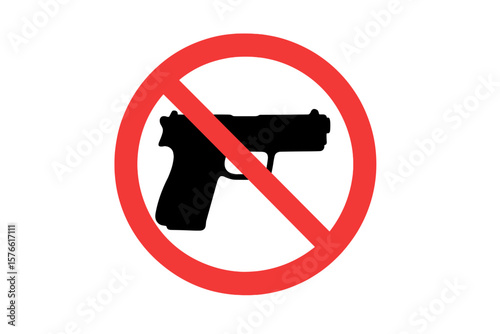 No Guns Allowed Sign, Firearms Prohibited Symbol, Vector Illustration, Red Circle with Slash, Handgun Silhouette, Gun Control, Weapon Ban, Security Notice, Transparent Background