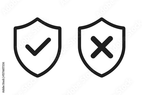 Security Shield Icons with Check Mark and Cross Symbol. Protected and Unprotected Status. Approval and Denial Badge. Vector Illustration for App, UI, Website, Transparent Background