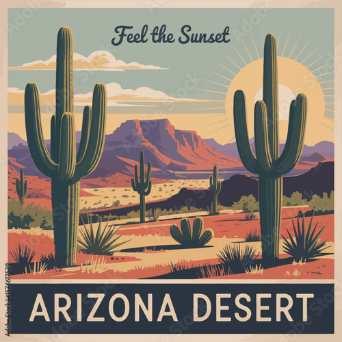 Illustration of arizona desert landscape with saguaro cacti and mountains at sunset