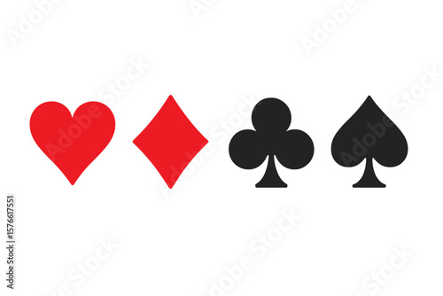 Playing Card Suits Vector Illustration. Red Heart, Diamond, Black Club, Spade Symbols. Classic Deck Icons. Isolated Transparent Background. Casino, Poker, Gambling Design Elements