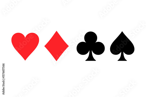 Playing Card Suits Vector Set. Red Heart, Diamond, Black Club, Spade Symbols. Classic Deck Icons. Casino, Poker, Gambling, Game Elements. Transparent Background. High-Resolution Illustration
