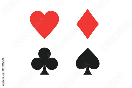 Playing Card Suits Vector Set. Classic Hearts, Diamonds, Clubs, Spades Symbols. Red and Black Icons. Casino, Poker, Gambling, Game Elements. Transparent Background. High-Resolution Illustration