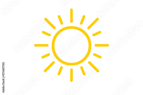 Bright Yellow Sun Icon Vector Illustration. Minimalist Sunshine Symbol. Summer Weather Clipart. Radiant Sunlight Emblem. Solar Energy Concept. Isolated Transparent Background. Daylight Design Element.