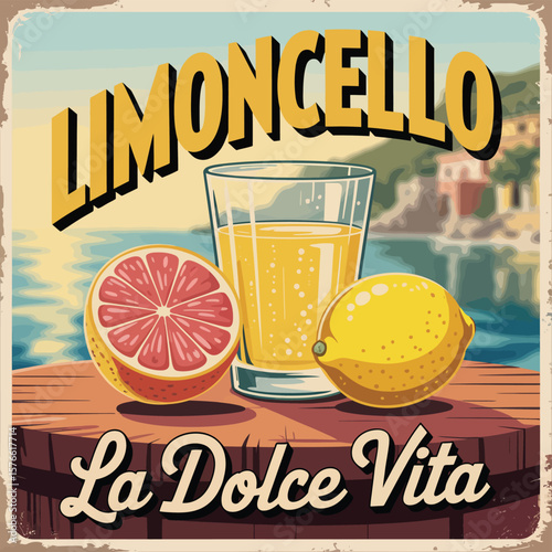 Limoncello poster featuring a glass of limoncello and lemons on a wooden barrel top