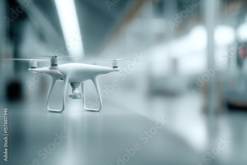 futuristic scene showcasing advanced drones and robots in pristine manufacturing environment