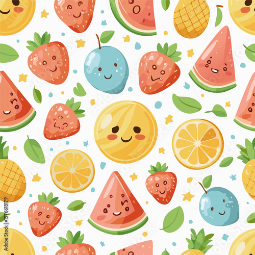 Cute seamless pattern of smiling tropical fruits and stars