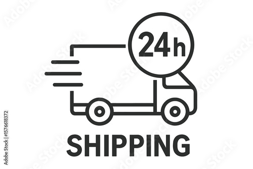 24h shipping icon with delivery truck. Fast one day delivery service symbol. Express logistics concept. Ecommerce order shipment. Lorry transport pictogram for web and apps.