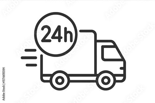 Fast delivery truck icon 24 hour shipping symbol. Express logistic service for ecommerce. Around the clock one day delivery concept. Quick cargo transport for online shop.