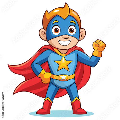 Cartoon superhero child in blue costume with red cape and yellow star